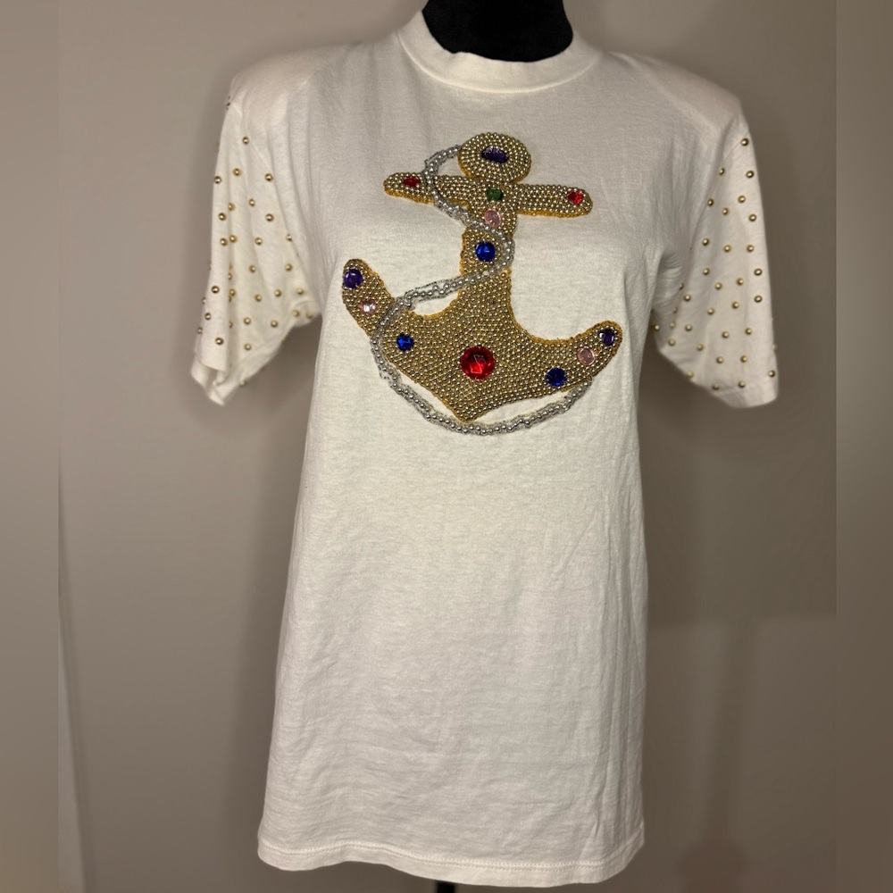 The La Costa Spa California Beaded Anchor Tee | Nautical Rhinestone Shirt | M